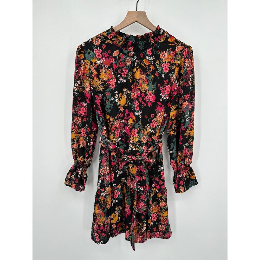 Ophelia Roe Dress Women Small Black Colorful Floral Long Sleeve Flouncy Tie Belt